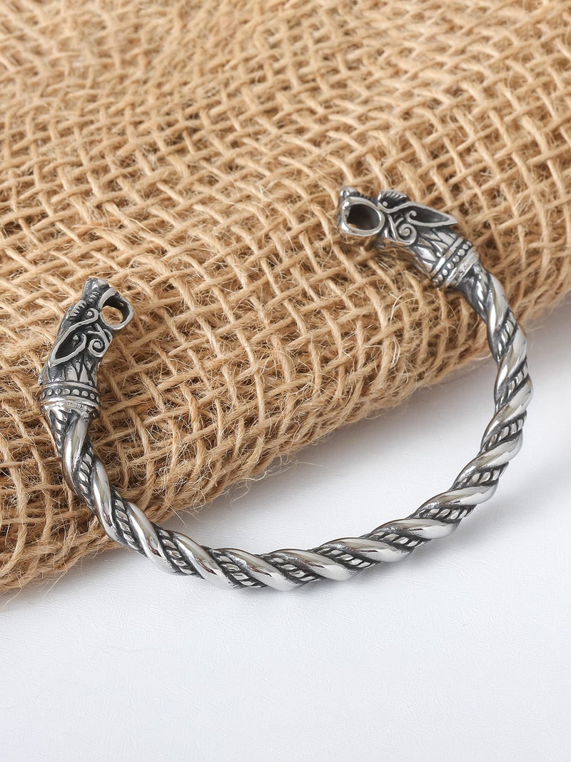 HAQUIL Silver Plated Stainless Steel Viking Arm Ring Geki and Freki Wolf Head Cuff Bracelet for Men, Viking Jewelry Gift (AD) - Image 4